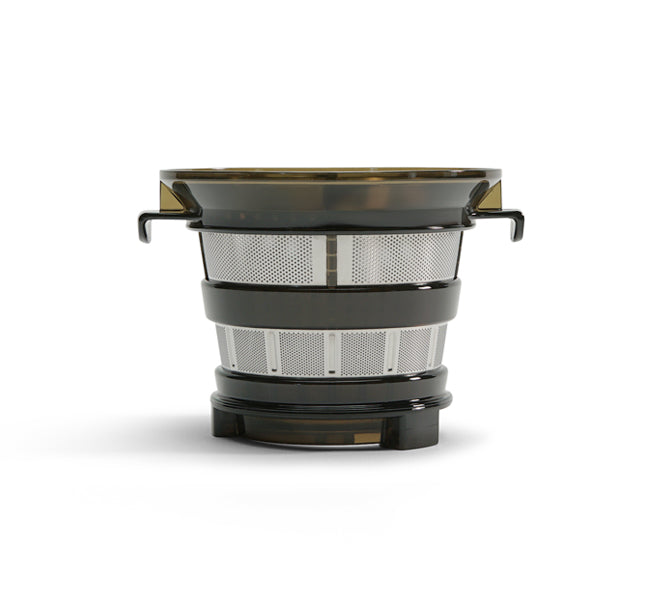 The Juice Strainer features a metal mesh and plastic basket with two side handles, ideal for use in cold press juicers, shown against a plain white background.